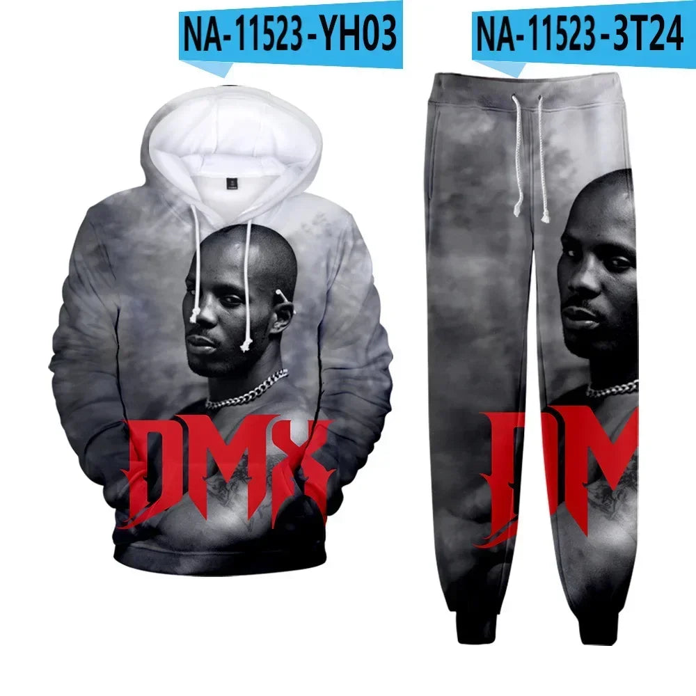 Hip hop rapper dmx impressão 3d conjuntos de treino masculino moda terno esportivo moletom com capuz + moletom roupas masculinas 2 peças conjunto