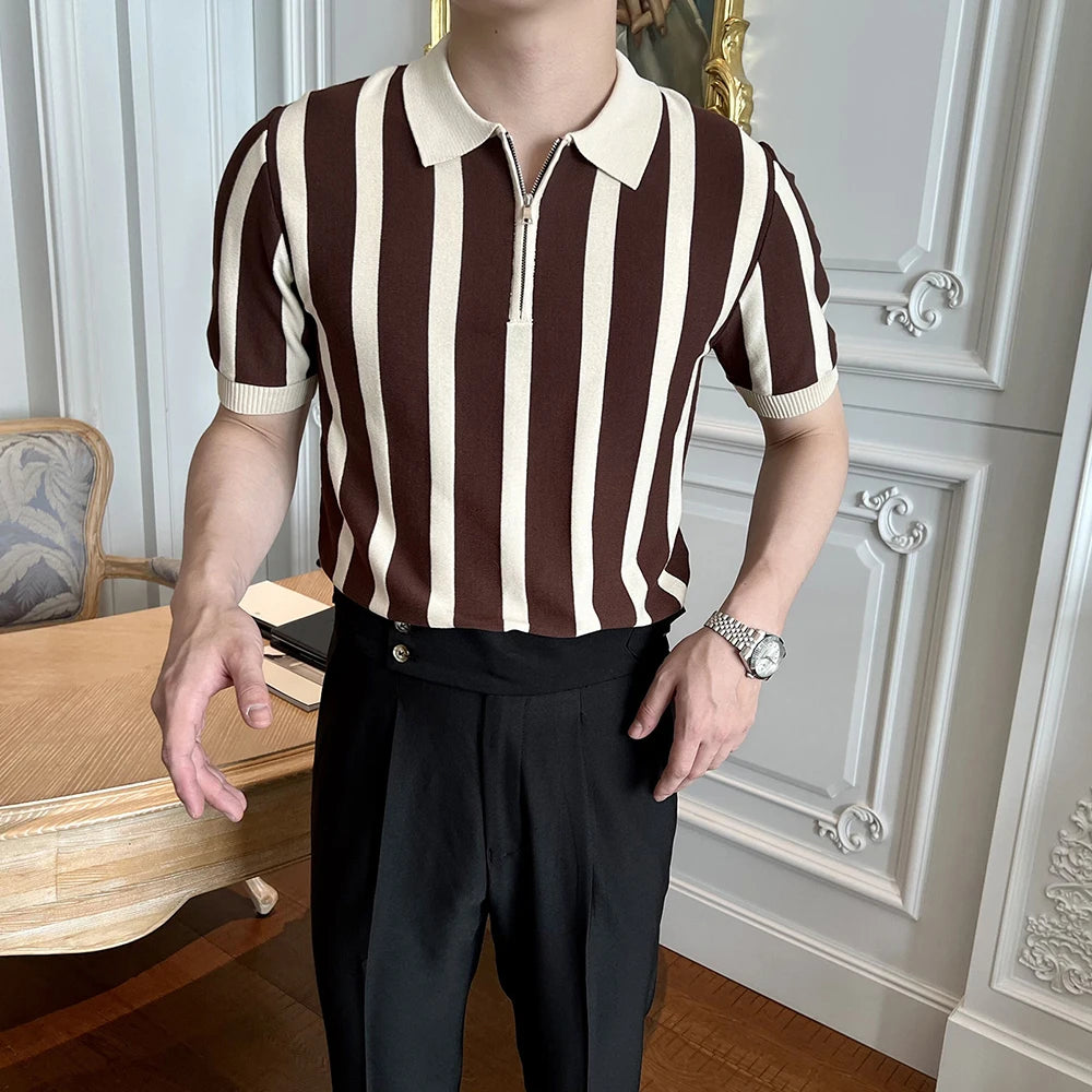 Men's Clothing Leisure Light Luxury Knitted Polo Shirt Korean Striped Zipper Short Sleeve Retro Breathable Fashion Knitwear Tees