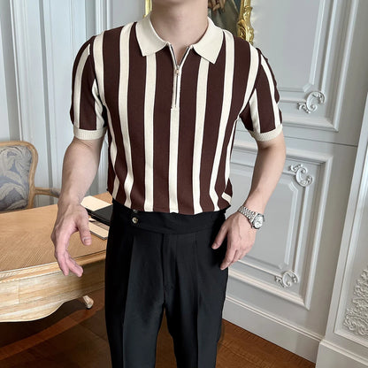Men's Clothing Leisure Light Luxury Knitted Polo Shirt Korean Striped Zipper Short Sleeve Retro Breathable Fashion Knitwear Tees