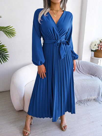 Elegante V Neck manga comprida das mulheres plissado vestido Maxi