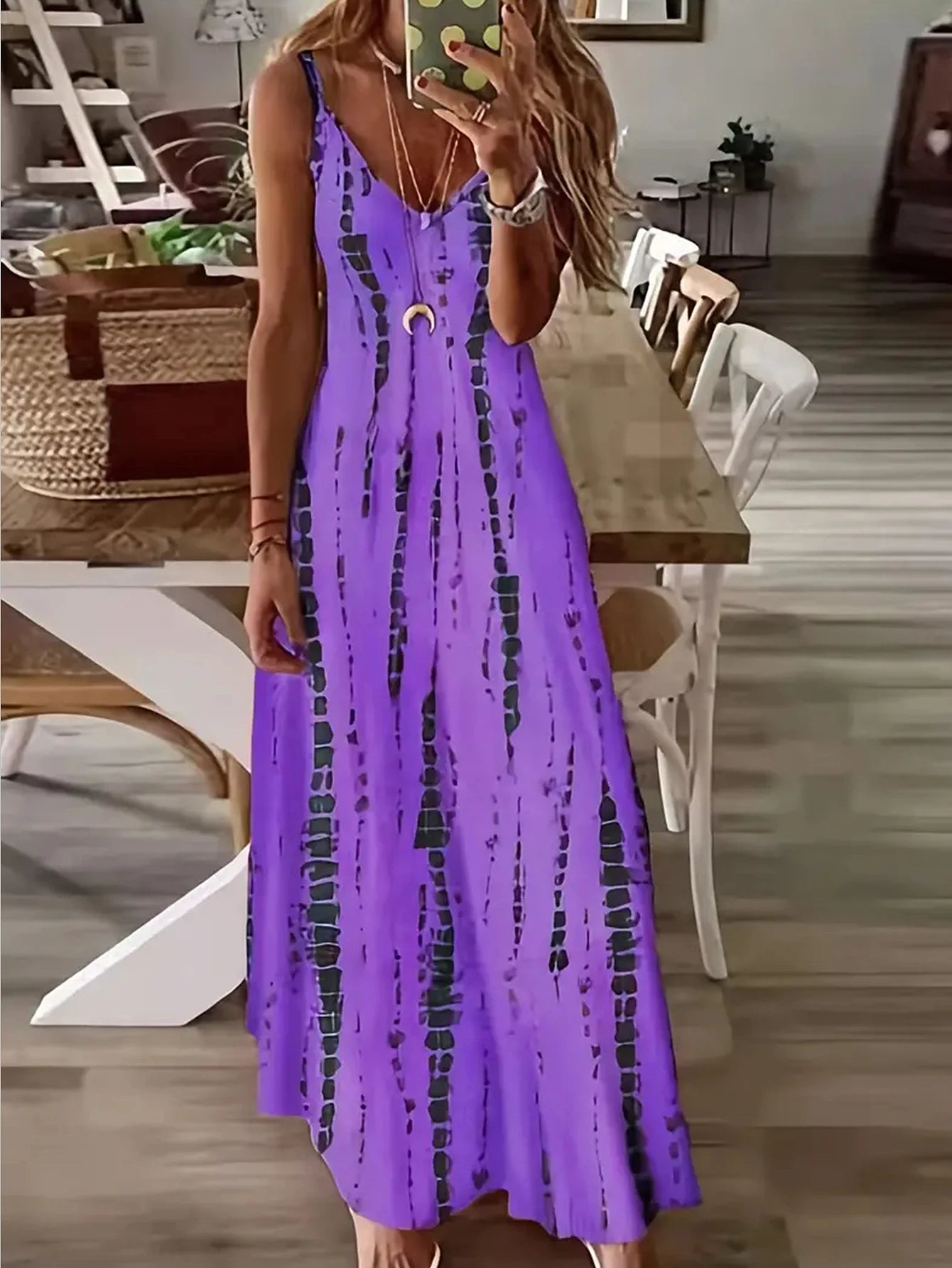 Feminino casual solto com decote em v tie dye impresso espaguete maxi vestido verão praia férias vestido longo