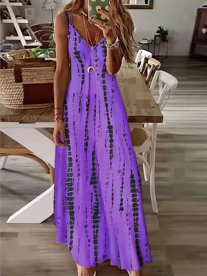 Feminino casual solto com decote em v tie dye impresso espaguete maxi vestido verão praia férias vestido longo