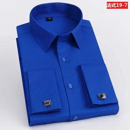 Camisa masculina com abotoaduras francesas, ajuste fino de manga comprida, manga de negócios, sem unhas, camisa formal masculina de cor sólida