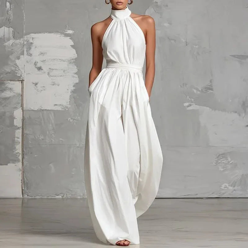 Macacão Feminino Novo de Primavera com Decote Halter, Renda Vazada, Cintura Alta, Sem Mangas, Bolsos e Pernas Largas - Perfeito para o Verão