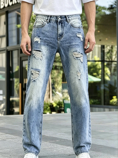 Calças Jeans Masculinas em Denim, Calças de Lavagem Clara com Rasgos, Jeans de Perna Reta