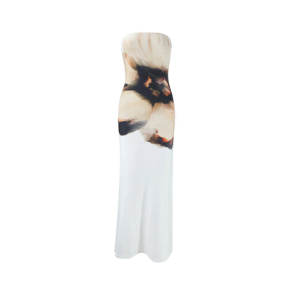 Vestido longo feminino elegante e justo, sem alças, com estampa, perfeito para férias na praia. Ideal para o verão
