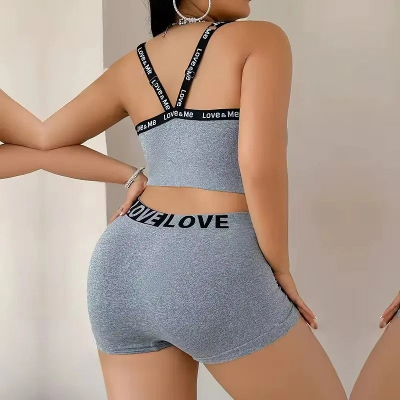 Conjunto de ioga esportiva de 2 peças para mulher, com estampa de letras, ideal para o verão, praia, academia, calça e shorts com alças, estilo anos 2000. Roupas femininas baratas.