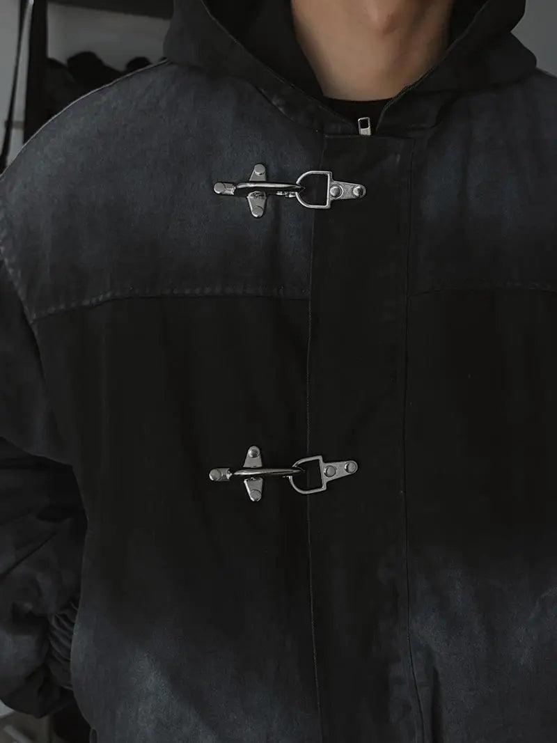 Jaqueta Masculina Americana com Botões de Pressão, Estilo High Street Oversized, Moletom com Capuz Y2K Retrô Harajuku Punk, Roupa Masculina
