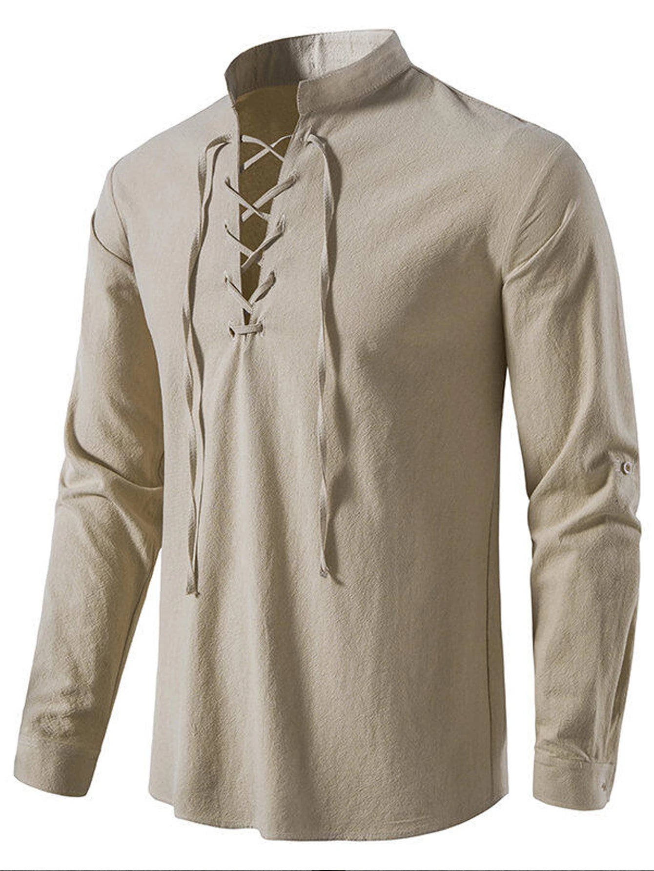 Camisa Henley Casual Masculina com Gola Alta e Mangas Longas com Cordão nos Punhos