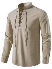 Camisa Henley Casual Masculina com Gola Alta e Mangas Longas com Cordão nos Punhos