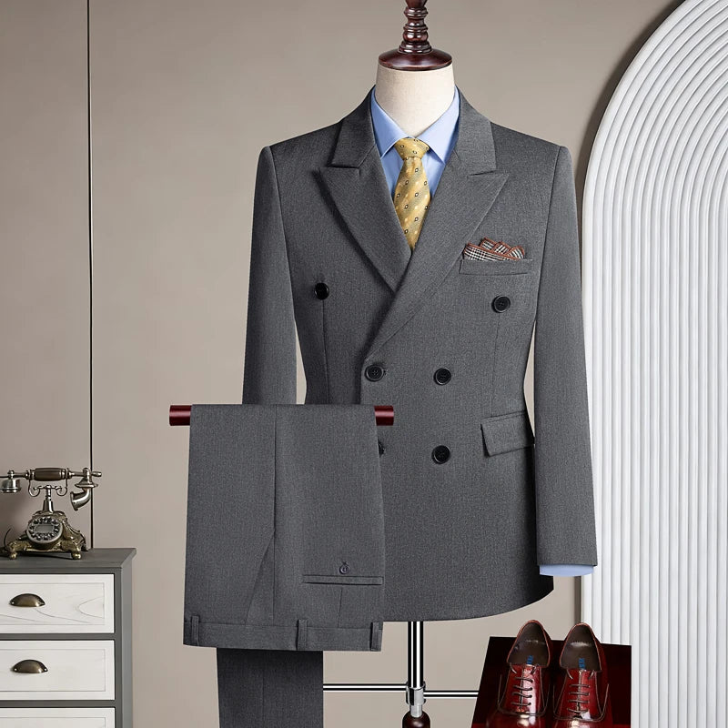Terno Casual Masculino de Três Peças com Abotoamento Duplo para Festas e Casamentos, Traje Coreano de Cor Sólida Leve e Elegante