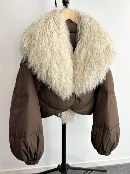 Janveny-Casaco de ovelha mongol de penas curtas para mulheres, 90% Duck Down Parkas, casaco de inverno feminino, 2024