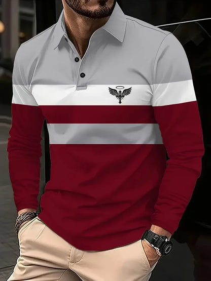 Classic minimalist striped long-sleeved men's polo shirt, fashionable autumn and winter men's casual golf oversized sportswear
