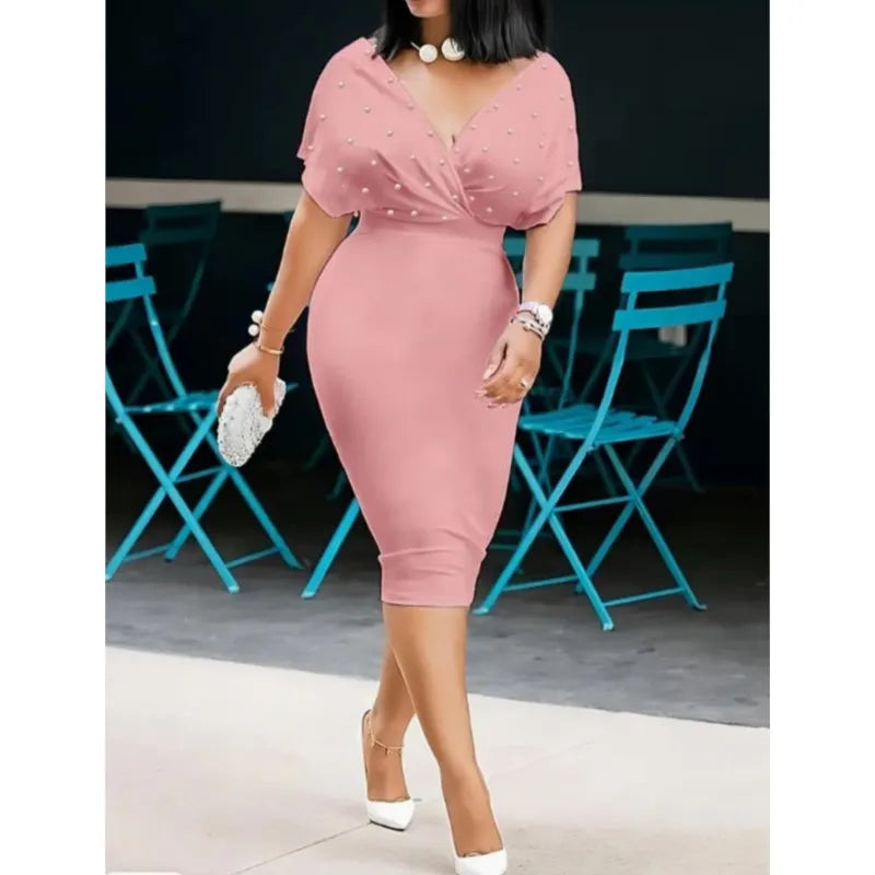Mulheres cor sólida sem alças com decote em v meia manga vestidos 2025 moda volta zíper com contas de bolha feminino verão elegante vestidos