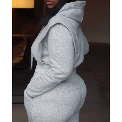Elegante Duas Peças 	 Conjunto de moletom de manga comprida com capuz e calça de moletom casual de pernas largas para mulheres outono inverno