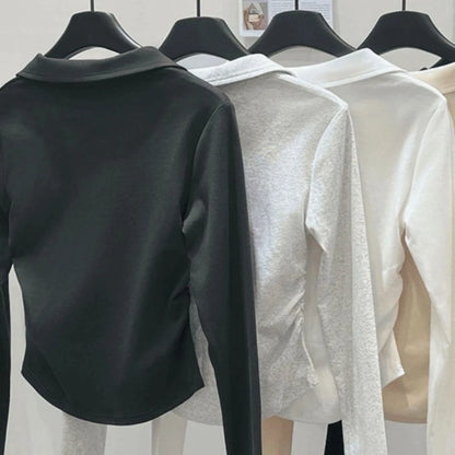 Polo pescoço bordado plissado curto topos primavera outono manga longa magro all-match casual t camisas moda vintage roupas femininas