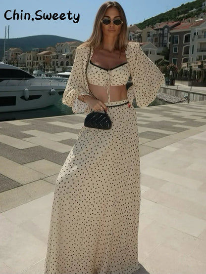 Conjunto Feminino de Saia Longa com Poás, Top Cropped de Renda com Decote Quadrado e Manga Bufante, Saias Godê de Cintura Alta - Terno Feminino de Verão 2026