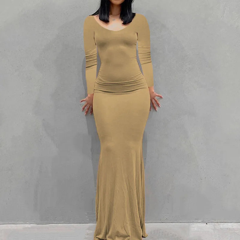 Novo vestido feminino longo, casual, justo, de manga comprida, para usar em casa