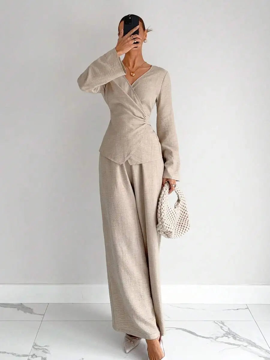 Conjunto de blazer elegante listrado com cinto e calça pantalona de duas peças para mulheres