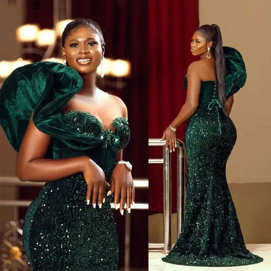 Verde Escuro Africano Sequined Prom Vestidos Mulheres Sexy Um Ombro Ruched Sereia Vestidos Segunda Recepção Robes Personalizado
