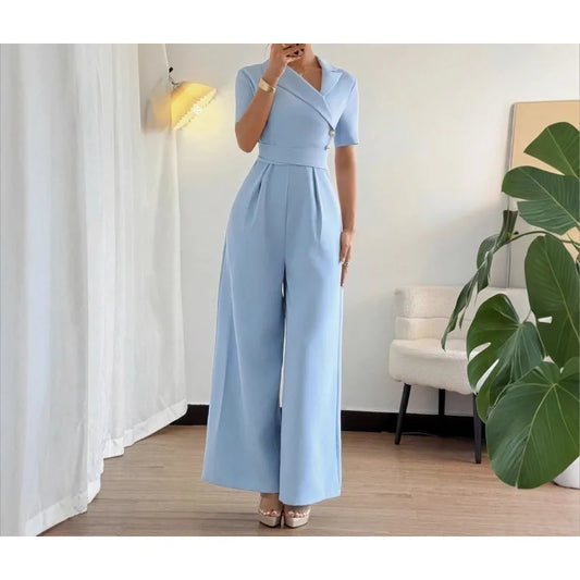 Macacão Feminino Azul Elegante 2026 Primavera Verão com Cinto na Cintura, Ajuste Fino, Estilo Casual, Manga Três Quartos, Calça Conjugada