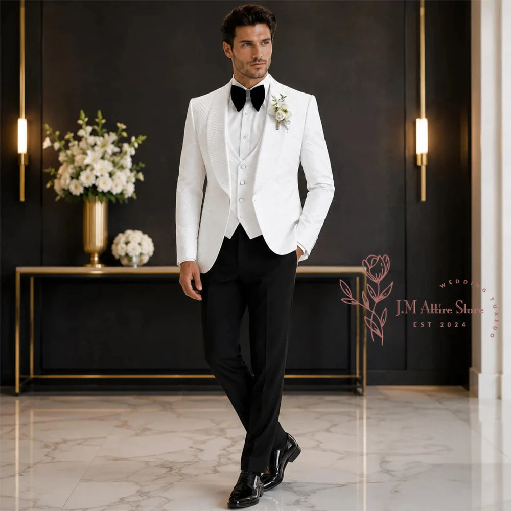 Terno de Casamento Masculino de Alta Costura Branco para Noivo, 3 Peças, com Blazer Jacquard de Lapela Xale, Colete e Calças Pretas, Conjunto Formal Slim Fit