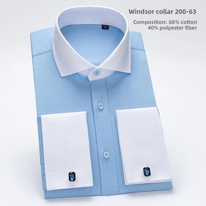 Qualidade masculina abotoaduras francesas camisa botão escondido camisa masculina manga longa casual fino ajuste manguito camisas de vestido (abotoaduras incluídas)