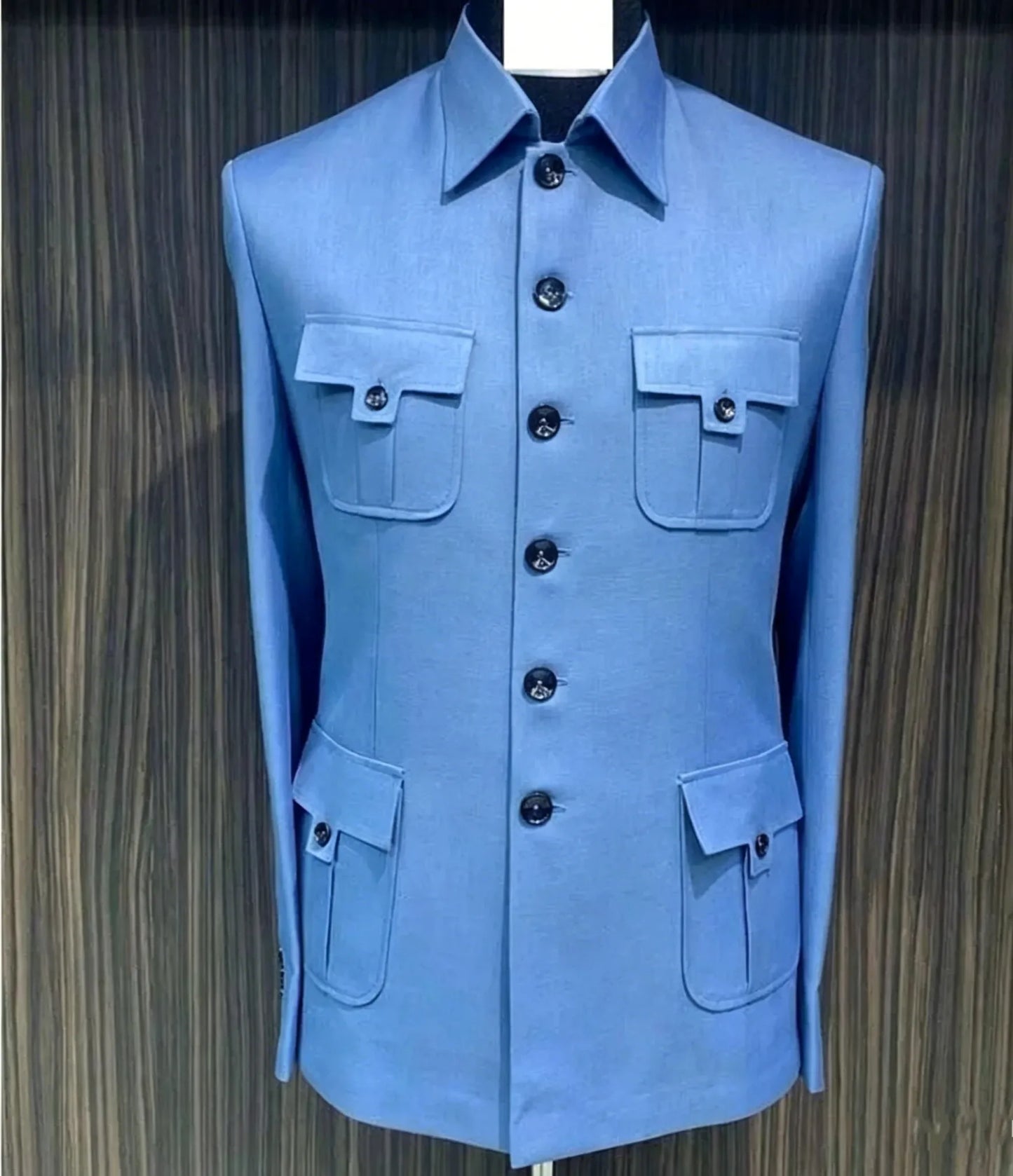 Ternos Masculinos Azuis de Peito Único com Quatro Bolsos para Negócios, Casamento, Noivo, Roupa Formal e Casual Masculina, Conjunto de 2 Peças: Jaqueta e Calça