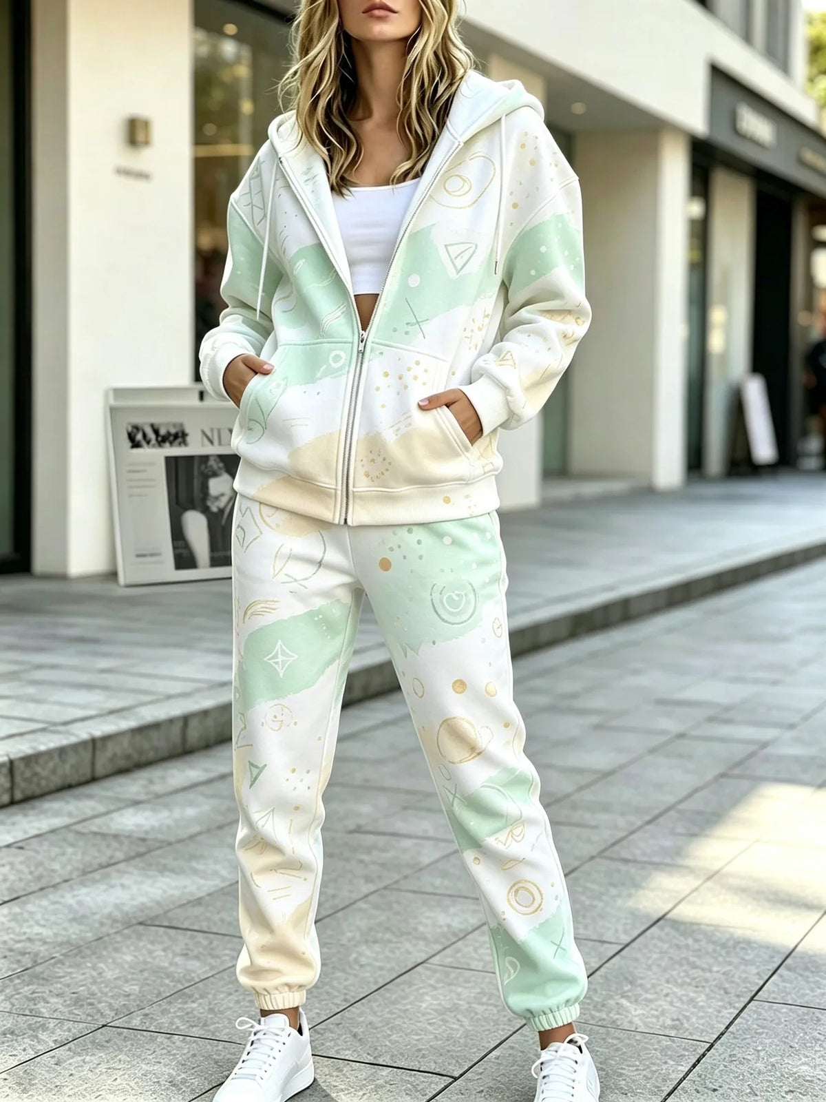 Conjunto Feminino de Moletom com Capuz e Calça com Zíper, Estampa 3D, Estilo Casual, Nova Coleção Primavera/Verão