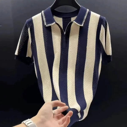 Short-sleeved striped Korean-style fitted polo collar casual new men's t-shirt