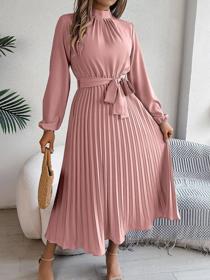 Solid Stand up Collar Bridesmaid Dress Spring Summer Casual Elegant Long Sleeve Waist Cinched Pleated Long Dresses for Women