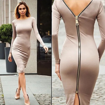 Vestido Feminino de Manga Longa com Decote Redondo e Cor Sólida para o Dia a Dia, com Bolso Lateral e Zíper, Design Elegante para Noite e Aniversário
