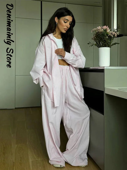 Casual Striped Lace Up Pants Set Women Shoulder Pad Long Sleeve Shirt Straight Trousers 2025 Autumn Chic Lady 2 Piece Suit New