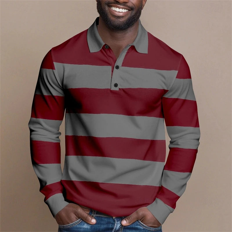 Simple Fashion Striped Graphic Polo Shirts For Men Casual Retro 3D Printed Long Sleeve Golf Polo Loose Daily Wear Business Tops