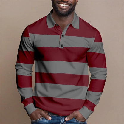 Simple Fashion Striped Graphic Polo Shirts For Men Casual Retro 3D Printed Long Sleeve Golf Polo Loose Daily Wear Business Tops