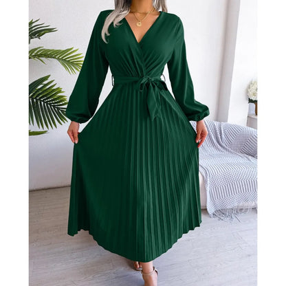 Vestido Feminino Longo Verde de Outono 2026 Novo, Manga Comprida, Cor Sólida, Decote V Cruzado com Cadarço, Saia Plissada Ampla - Roupas Femininas