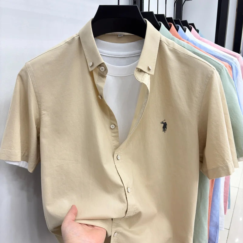 Camiseta masculina 100% algodão puro manga curta nova com bordado Paul Pony de marca de alta qualidade casual para negócios moderna e respirável