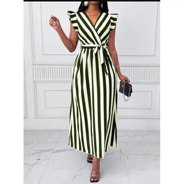 Vestido Longo Elegante Estampado com Decote em V e Cinto na Cintura, Listras, Estilo Casual Verão 2025, Moda Feminina, Peça Única para Passeio na Cidade