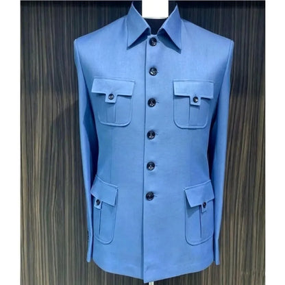 Ternos Masculinos Azuis de Peito Único com Quatro Bolsos para Negócios, Casamento, Noivo, Roupa Formal e Casual Masculina, Conjunto de 2 Peças: Jaqueta e Calça