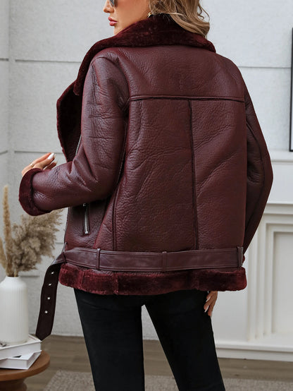 Fitaylor inverno feminino jaqueta de couro de pele do falso casual senhora grosso casaco de couro quente alta rua motocicleta outwear