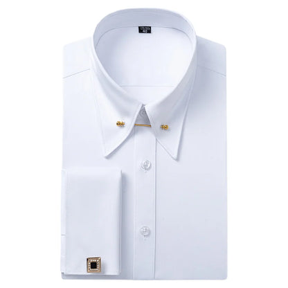 Camisa Social Masculina de Manga Longa com Abotoaduras Francesas Bordadas e Gola Grande, Sem Gravata, para Negócios e Ocasiões Formais