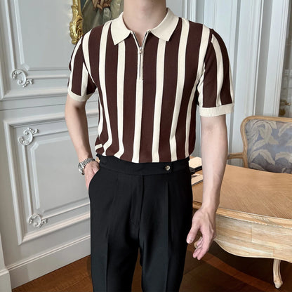 Men's Clothing Leisure Light Luxury Knitted Polo Shirt Korean Striped Zipper Short Sleeve Retro Breathable Fashion Knitwear Tees