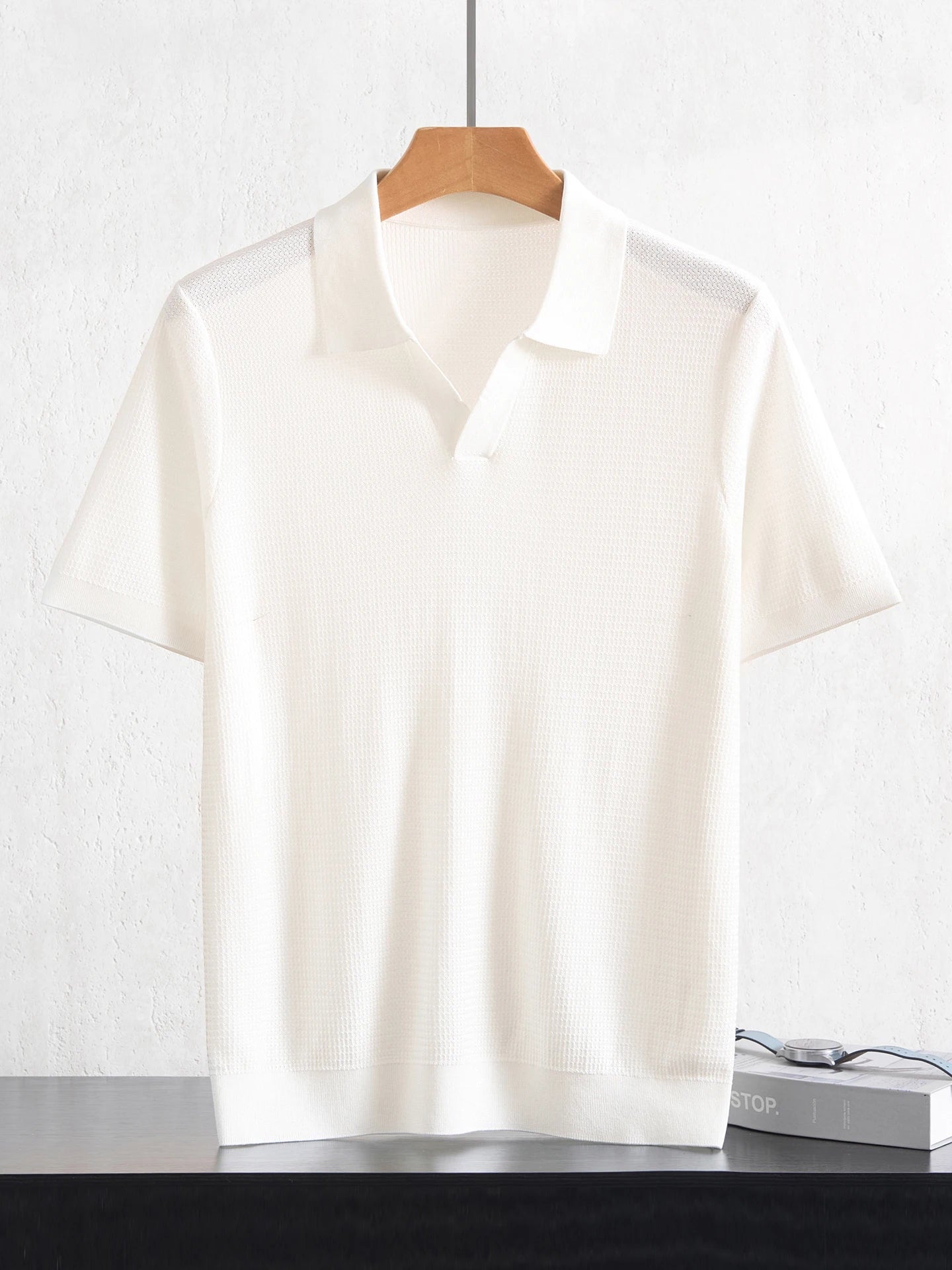 Camiseta Polo Masculina Nova de Verão 100% Liocel, Gola Polo, Cor Sólida, Malha Fina, Pulôver Casual de Negócios, Manga Curta