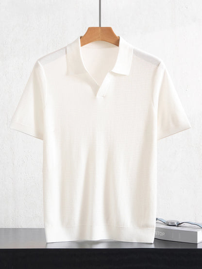 Camiseta Polo Masculina Nova de Verão 100% Liocel, Gola Polo, Cor Sólida, Malha Fina, Pulôver Casual de Negócios, Manga Curta