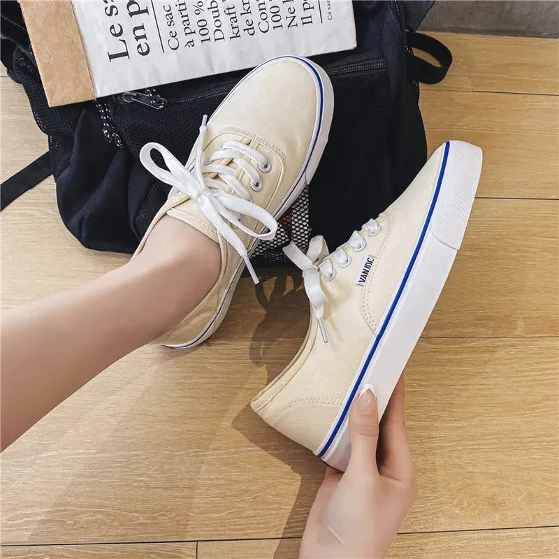 Casual apartamentos tênis de lona feminino ao ar livre cor sólida rasa sapatos esportivos tênis feminino streetwear rendas até sapatos vulcanizados