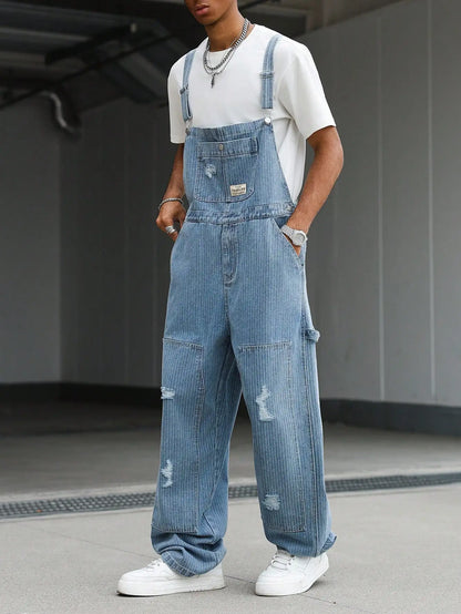 Macacão de Trabalho Masculino Estilo Vintage, Jeans Solto, Rasgado e Desgastado, Perna Larga