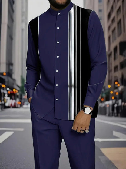 Conjunto de duas peças masculino com camisa de manga comprida com gola alta e estampa de listras verticais coloridas e calça.