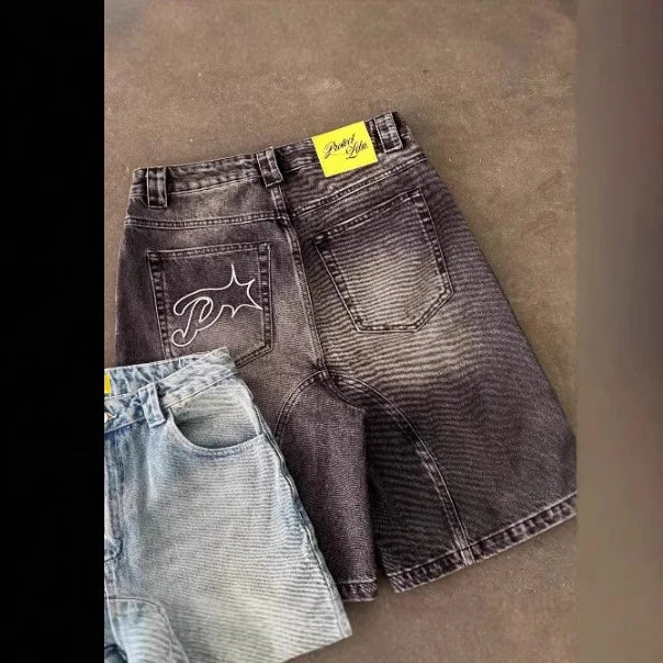Vintage y2k homens mulheres harajuku calças de brim curtas lavadas bordado americano retro homem denim shorts verão solto hip hop streetwear