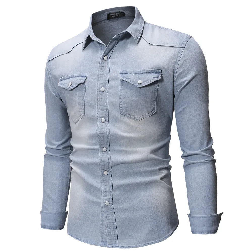 Camisa Jeans Vintage Masculina KIDWHXR com Gola Dobrável, Manga Longa, Slim, Casual, Estilo Cargo, com Botões
