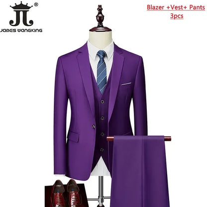 Conjunto de Terno Masculino de 3 Peças (Blazer + Colete + Calça) Tamanhos EUA XXS-3XL, Cor Sólida, Estilo Boutique, para Negócios Oficiais, Casamentos e Festas
